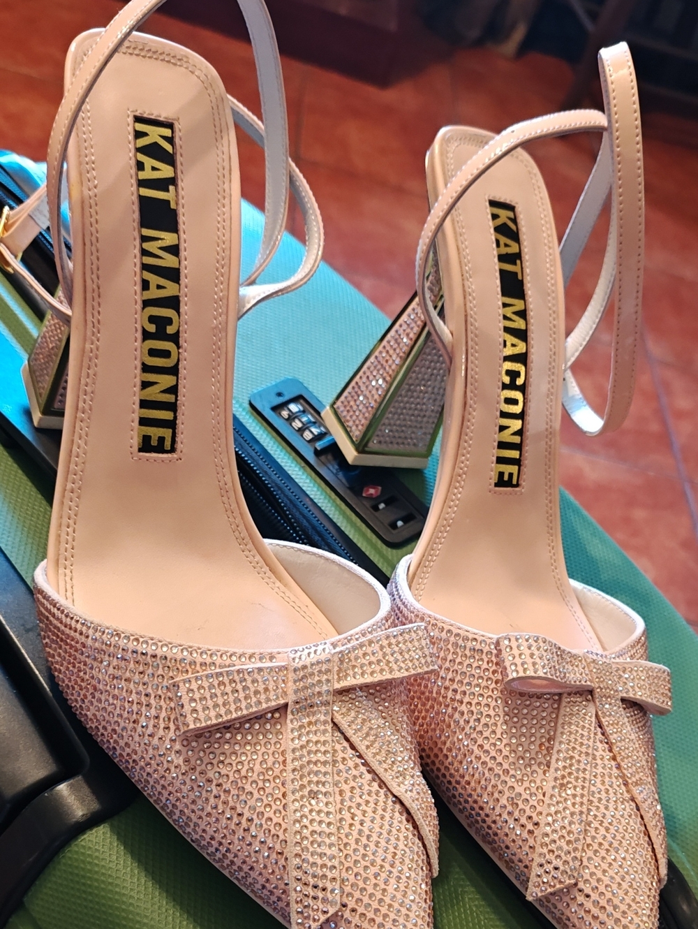 Kat Maconie Blush Pink Crystal Bow Slingback Heels